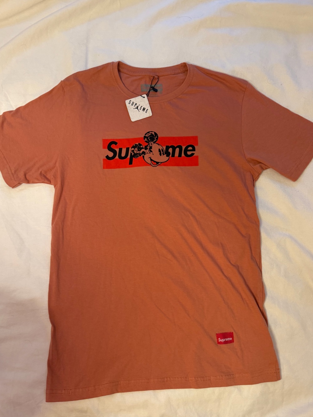 Graphic Tee NWT Clay Red Coral Pink with Black Logo with Supreme and Mickey